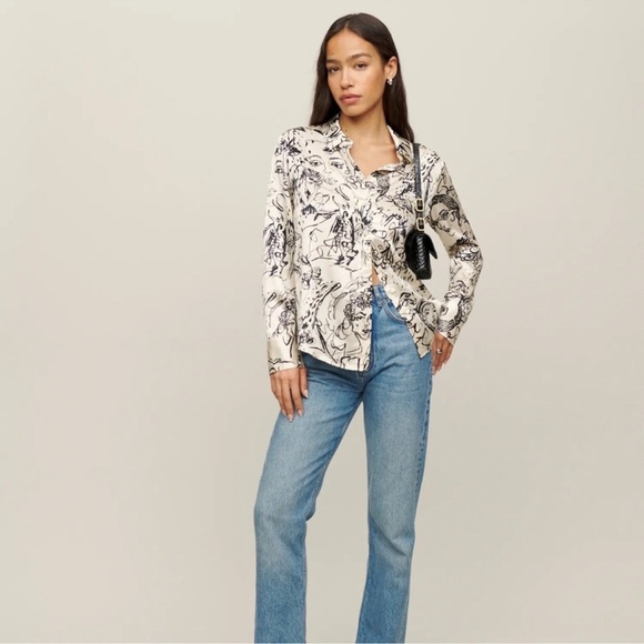 NWT Reformation Sky Silk Top Long Sleeve Button Down Abstract Doodle Vogue XS - Picture 4 of 15